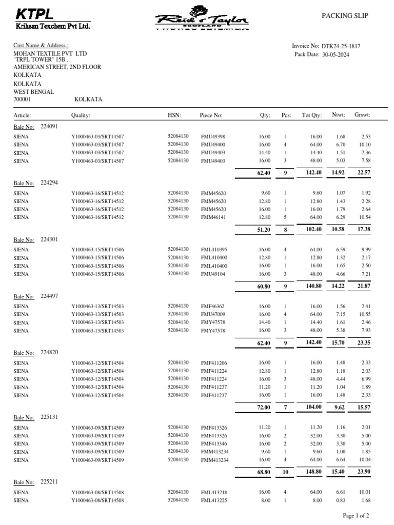 Mohan Textile Packing Slip - TRPL Tower | PDF