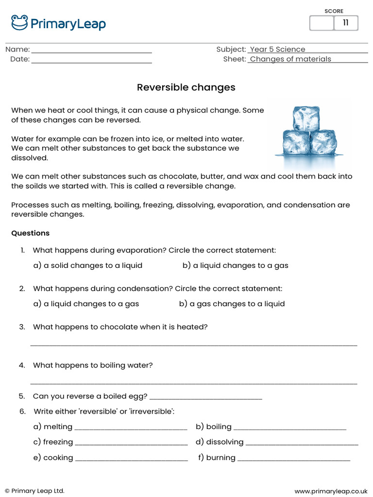 Reversible Changes in Materials Worksheet | PDF