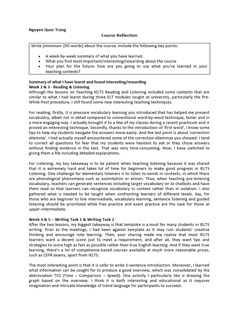 IELTS Teaching Course Reflection | PDF | Learning | Second Language ...