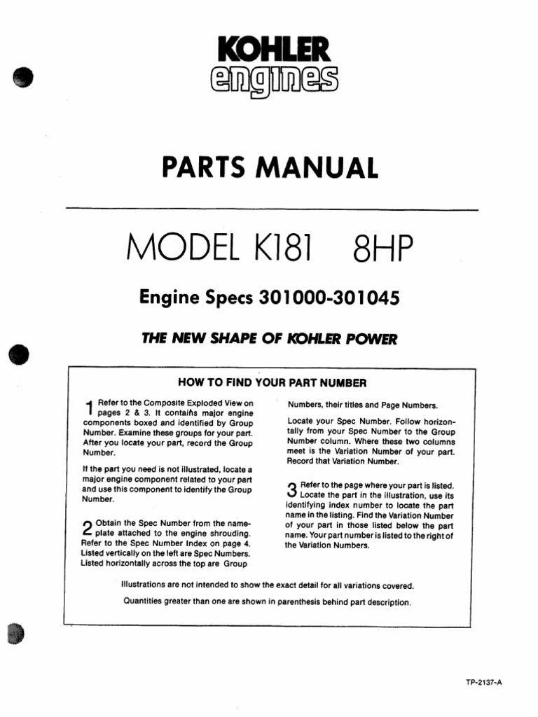 Kohler Parts Manual K181 8HP TP2137 | PDF