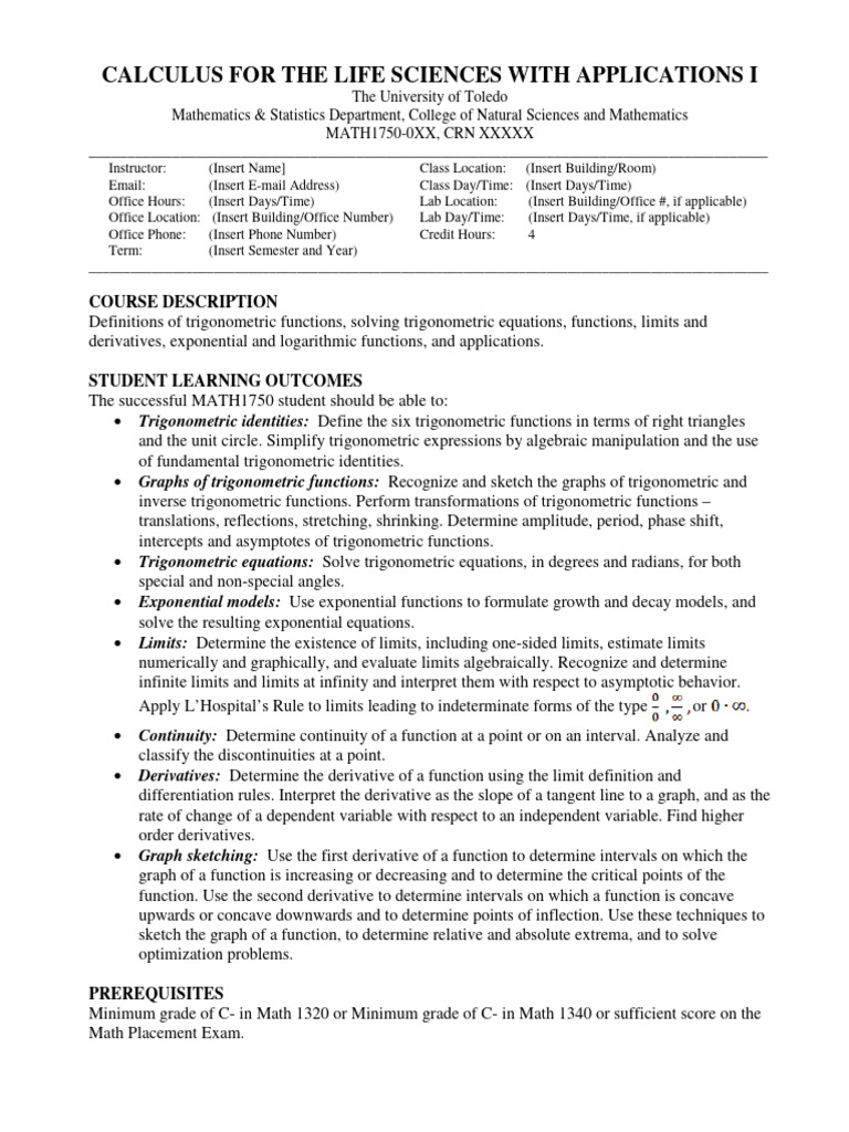 UT Math1750 Syllabus 2019 | PDF | Trigonometric Functions | Derivative