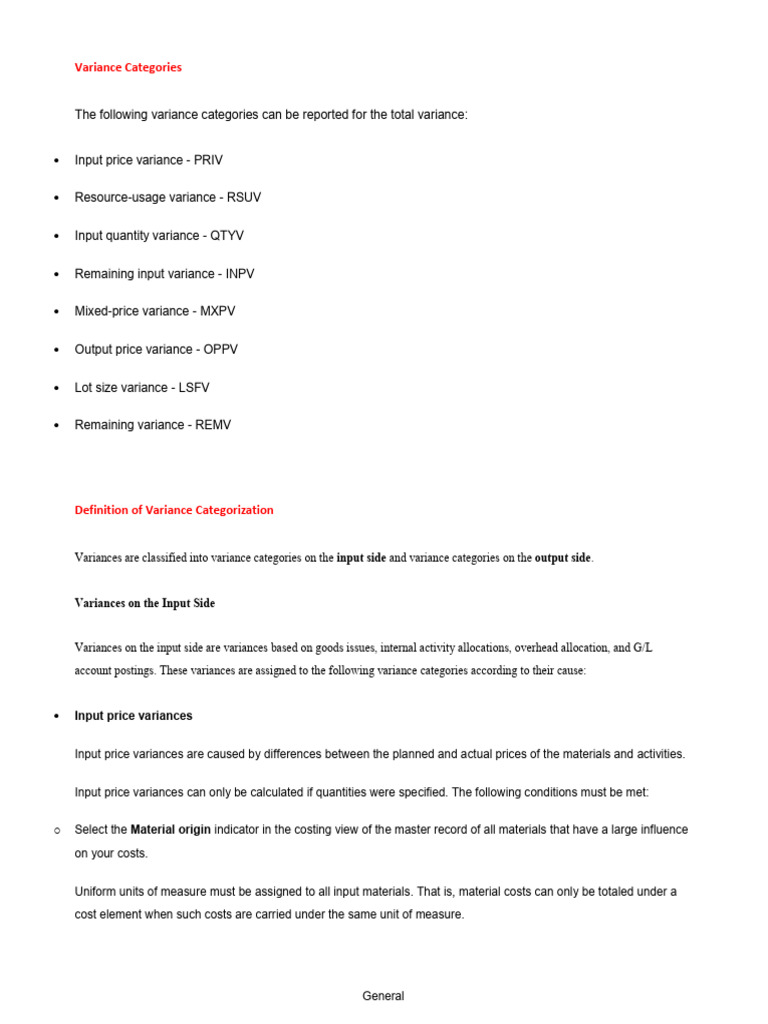 Variance Categories in Cost Accounting | PDF | Variance | Inventory