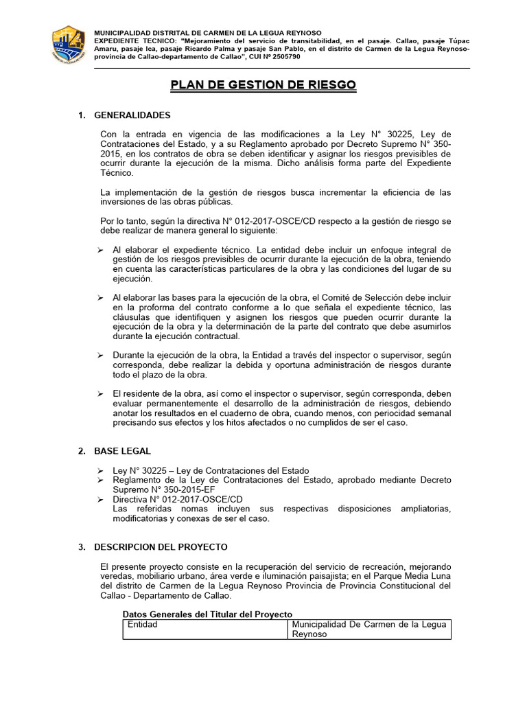 3.4.1 Plan de Gestion de Riesgo | PDF | Gestión de riesgos | Riesgo