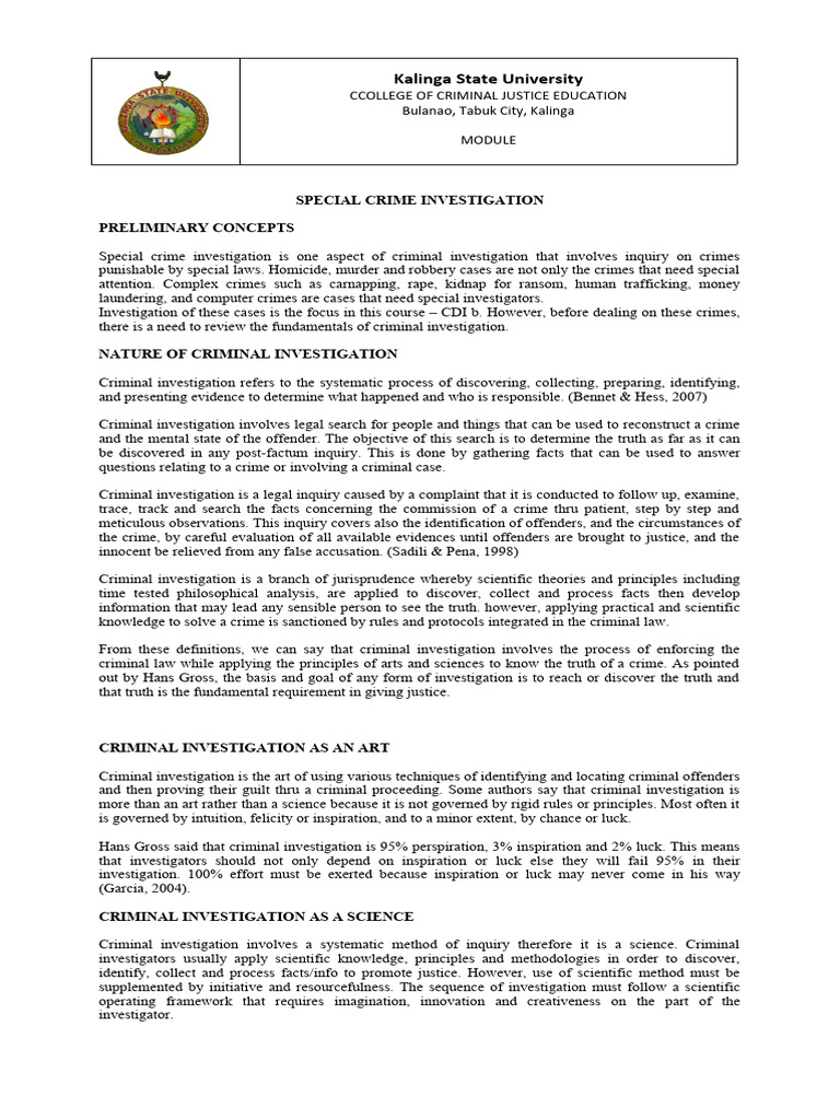 Special Crime Investigation Overview | PDF | Crime Scene | Prosecutor
