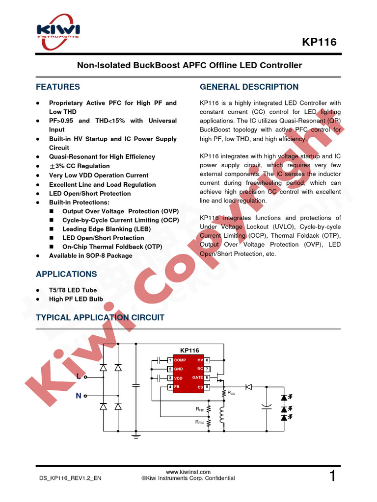 KP116 Non-Isolated BuckBoost APFC Offline LED Controller | PDF