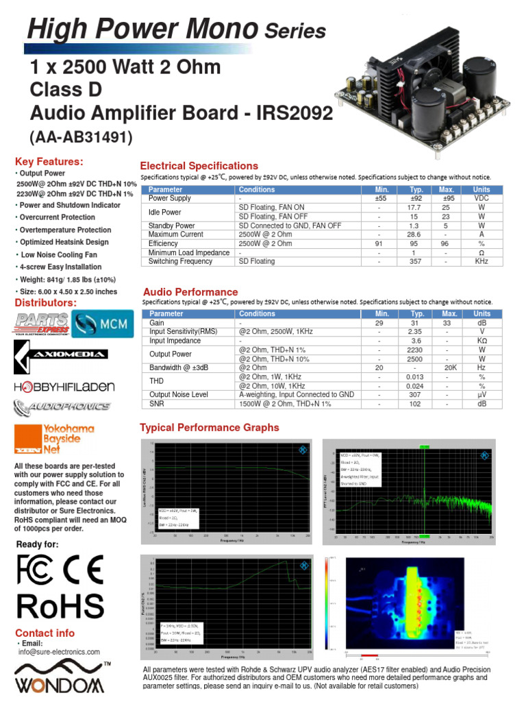 IRS2092 2500W Class D Amplifier Specs | PDF | Amplifier | Audio Electronics