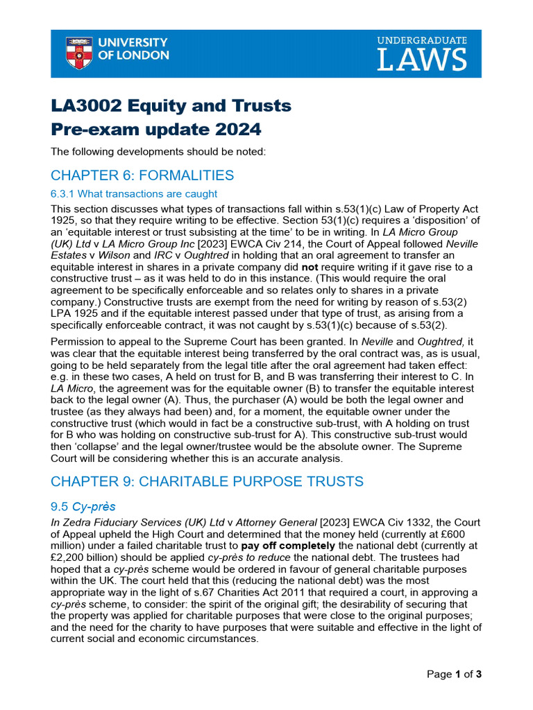 2024 Equity and Trusts Pre-Exam Update | PDF | English Trust Law ...