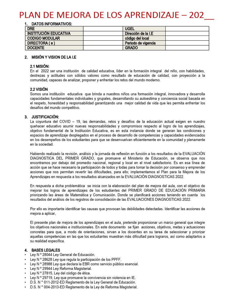 Plan de Mejora para Primer Grado 2024 | PDF | Evaluación | Educación ...