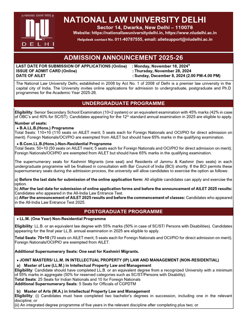 AILET 2025 Admission Details | PDF | Academic Degree | Postgraduate ...