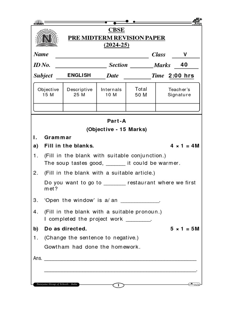 Class 5 English Revision Paper | PDF | Verb | Noun