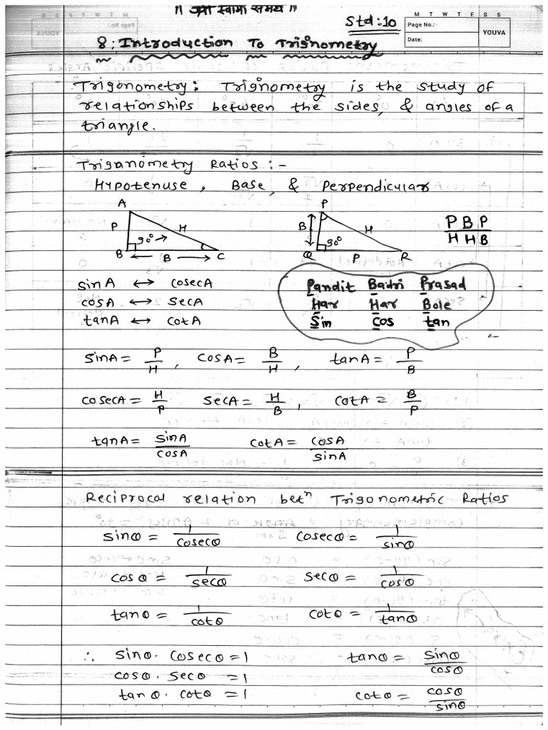 Class 10 ch 8 introduction to trigonometry pdf