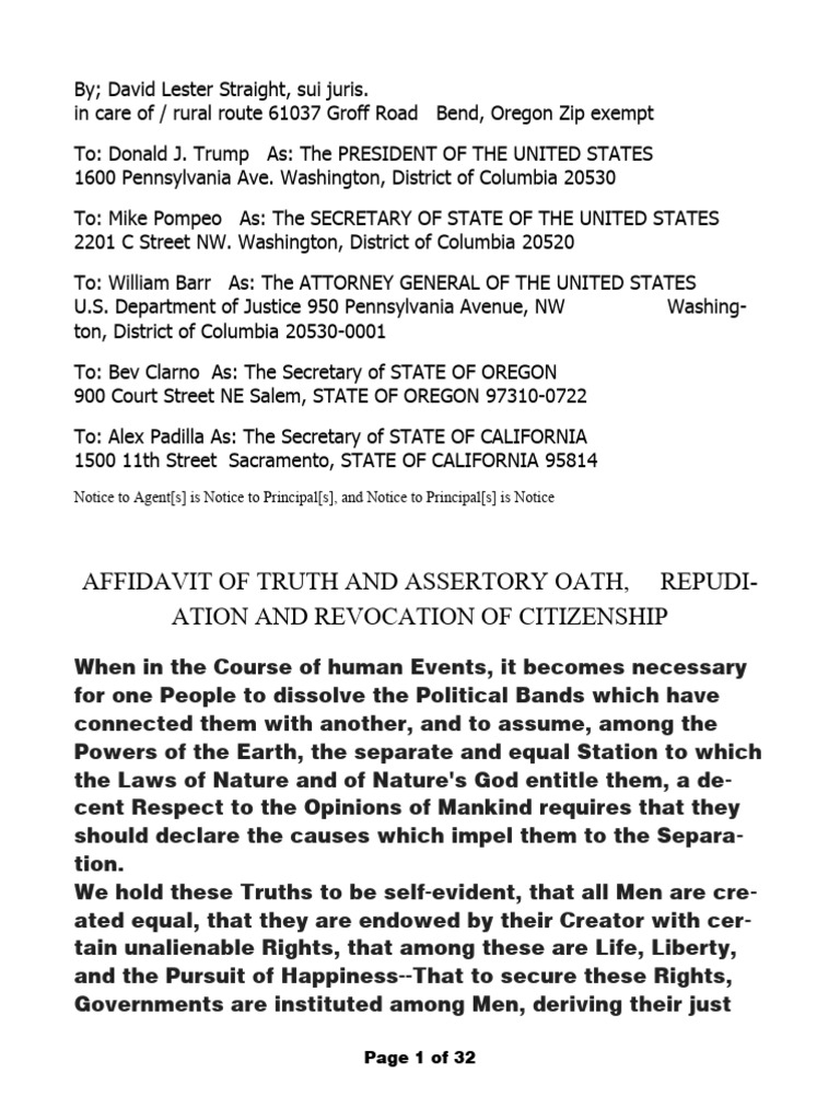 Affidavit Repudiation To Dept of State | PDF | Government | Justice