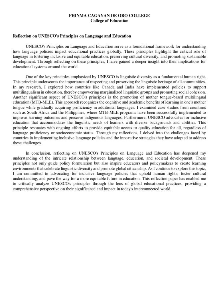 Sample Reflection On UNESCOs Principles On Language and Education | PDF ...