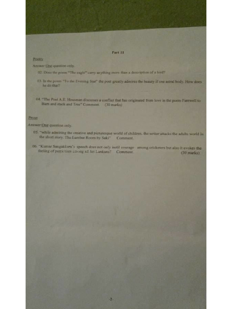 Sabaragamuwa Province Grade 10 English Literature First Term Test Paper ...
