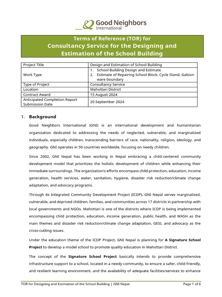 School Building Design & Estimation TOR | PDF | Wash