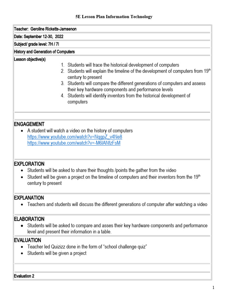 5E Lesson Plan: History of Computers | PDF