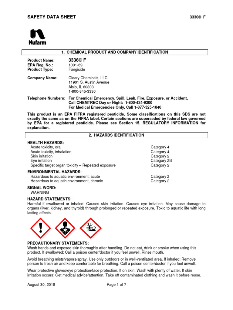 Cleary NuFarm 3336 F Systemic Fungicide SDS | PDF | Toxicity | Personal ...