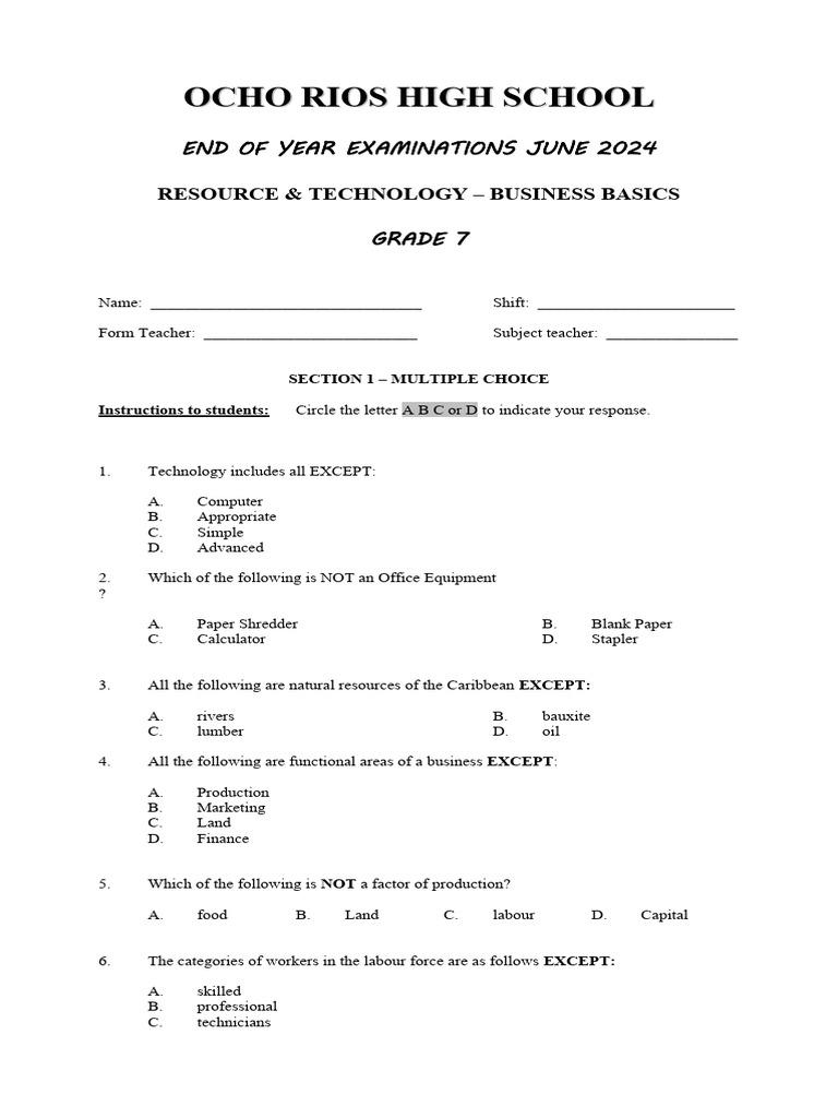 Business basic exam 2024 gr 7 pdf hygiene factors of production