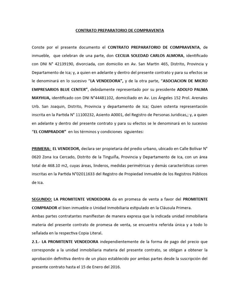 Contrato Preparatorio de Compraventa Asociacion de Micro Empresario ...