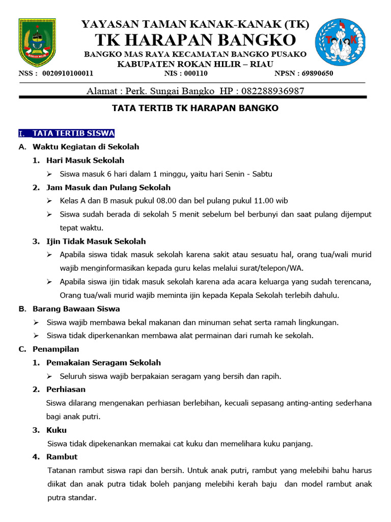Tata Tertib TK Harapan Bangko Riau | PDF | Karier & Perkembangan ...