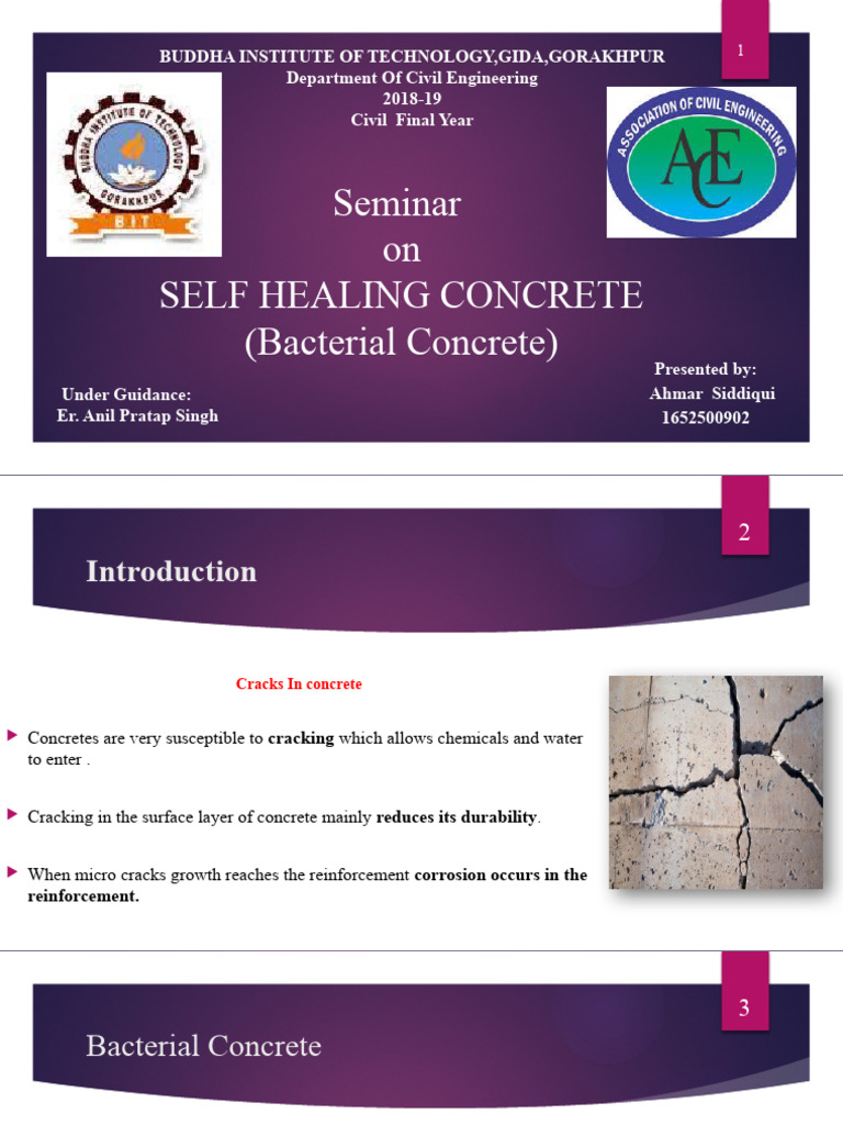 Self Healing Concrete-seminar Ppt | PDF | Concrete | Building Engineering