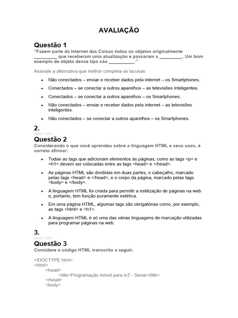 Avaliação sobre HTML, CSS e JavaScript | PDF | Script Java | Html