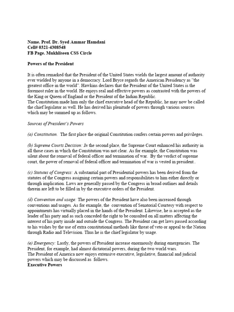 Powers of the U.S. President Explained | PDF | Presidents Of The United ...