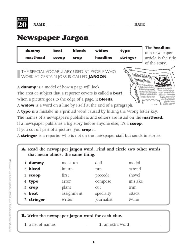 g.4 - Newspaper Jargon - Grade 4 Vocabulary | PDF