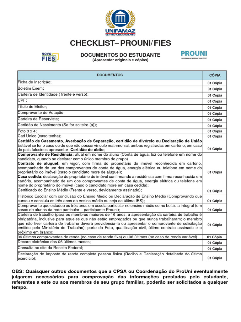 Documentos Necessários para FIES/PROUNI | PDF
