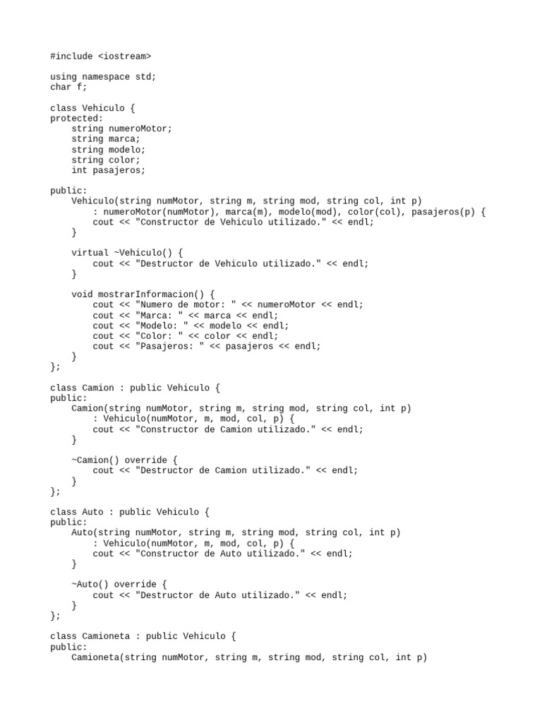 Clases de Vehículos en C++: Ejemplo | PDF | Programación de ...