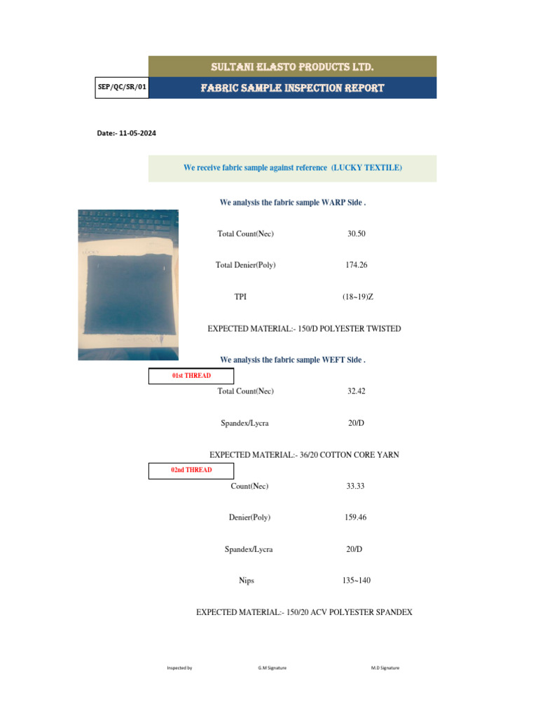 Fabric Sample Inspection Report 2024 | PDF