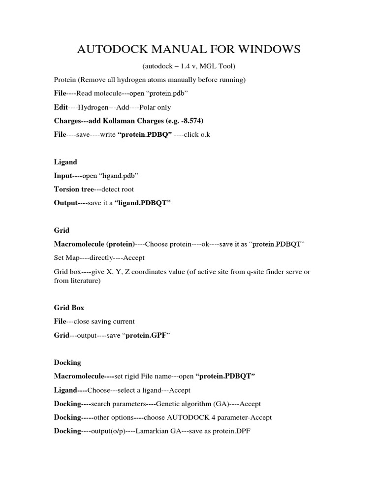 AutoDock Manual for Windows Users | PDF