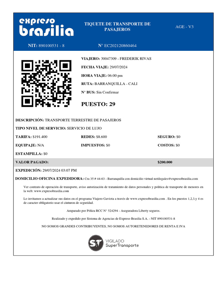 Puesto: 29: Tiquete de Transporte de Pasajeros | PDF