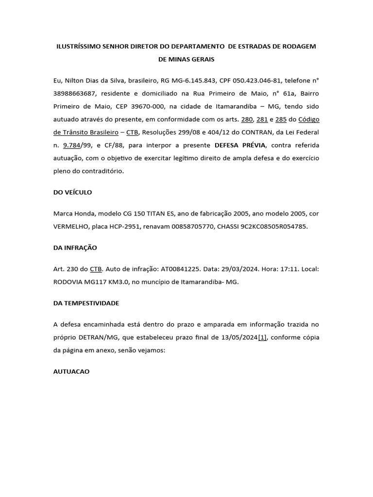 Defesa de Multa por Veículo Não Licenciado | PDF | Justiça | Crime e ...