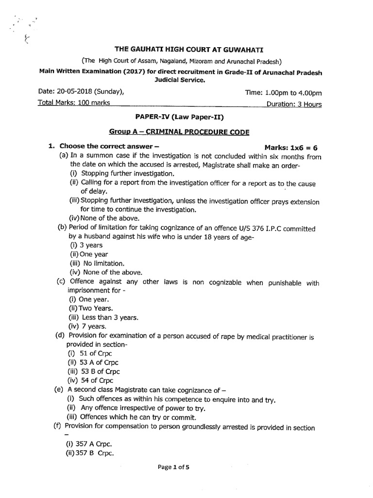 Arunachal Pradesh Judicial Service Paper 2018 Grade - 2 (Paper - 4) | PDF