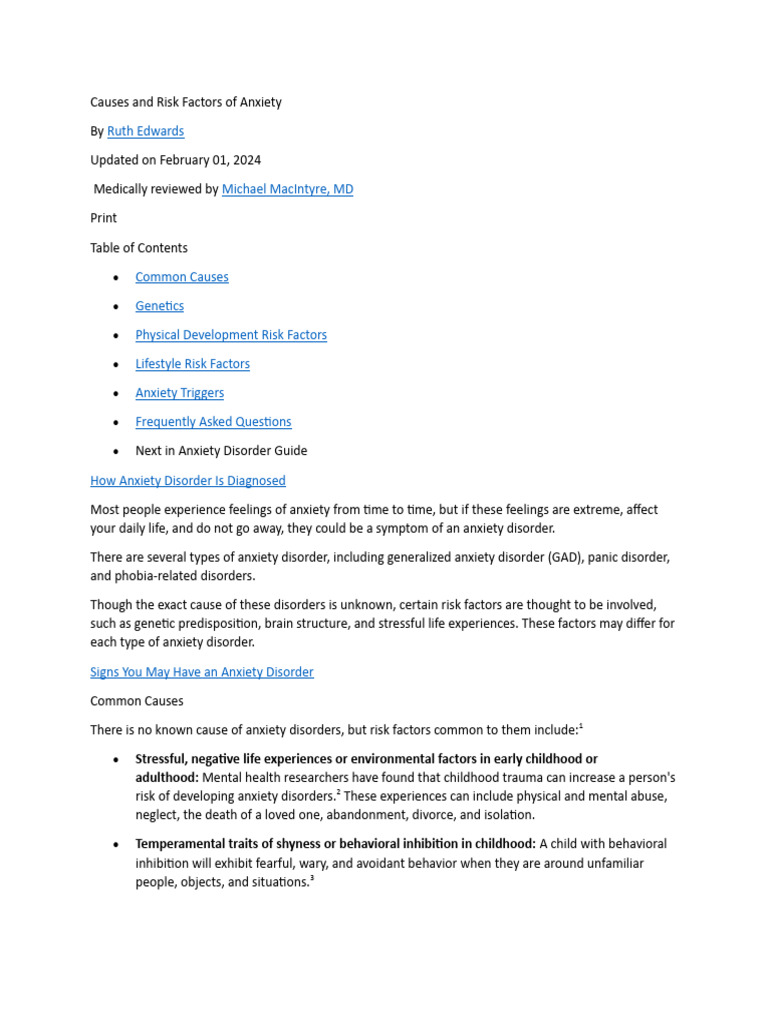 Risk Factors for Anxiety Disorders | PDF | Anxiety | Anxiety Disorder