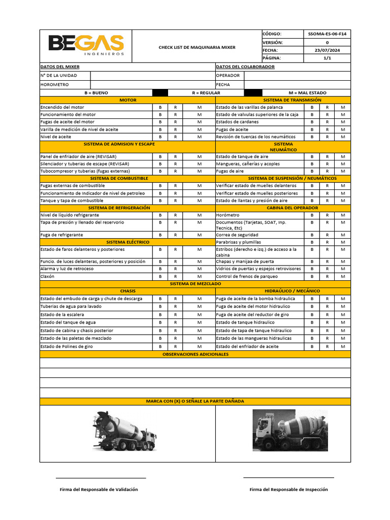 Check List de Inspección de Mixer | PDF | Neumático | Vehículo de motor