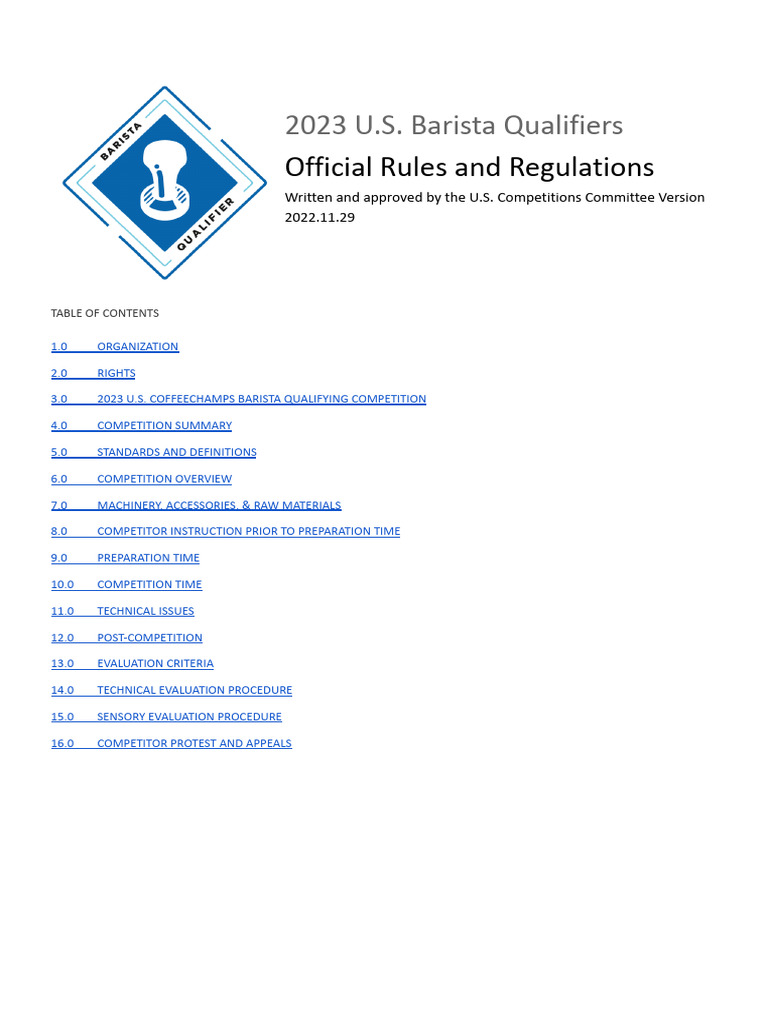 2023+U S +Barista+Qualifiers+Rules+&+Regulations+ | PDF | Drink | Coffee