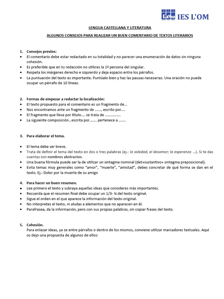 Consejos para Realizar Un Buen Comentario de Textos Literario | PDF