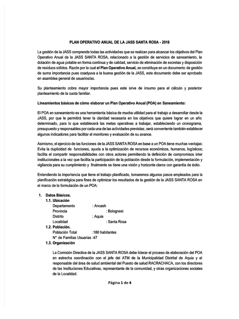 POA JASS Santa Rosa 2018 | PDF | Saneamiento | Presupuesto