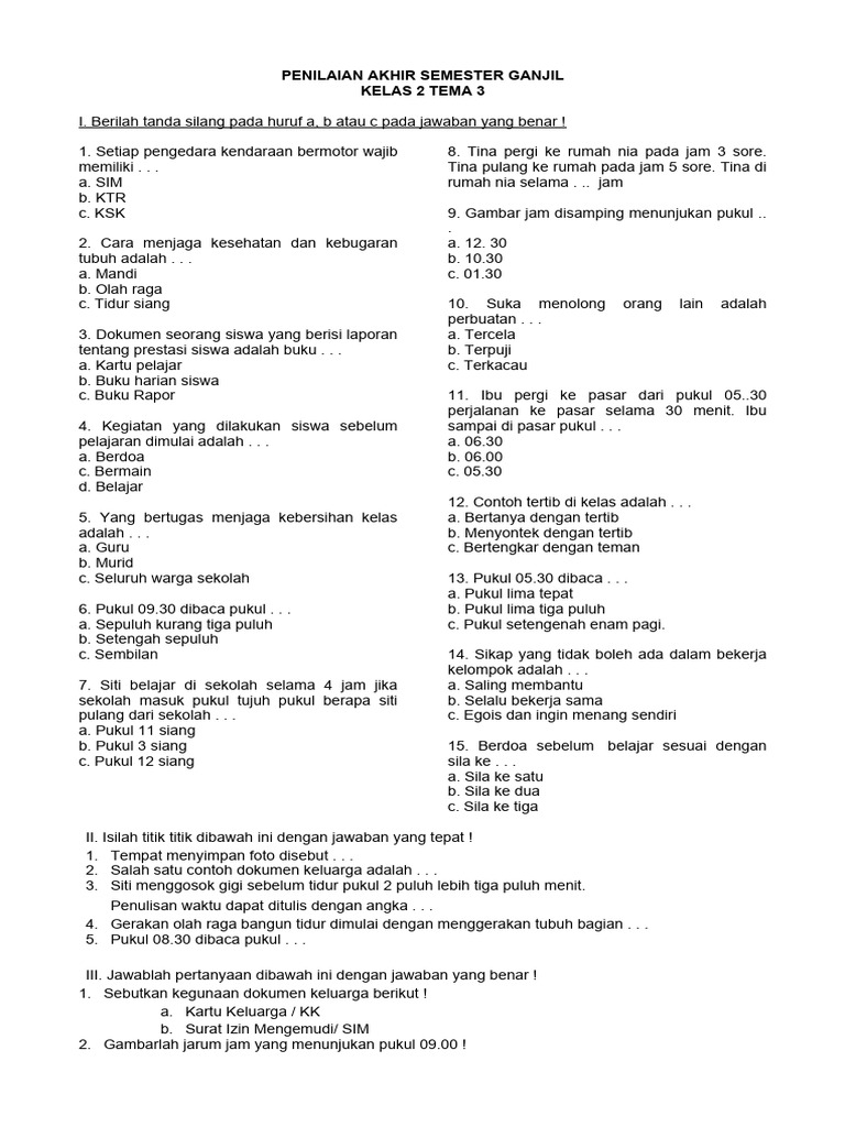 Mempersiapkan Diri Menyongsong Penilaian Akhir Semester: Contoh Soal UAS Tematik Kelas 2 SD Semester 1