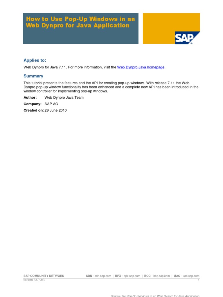 How to use pop up windows in an web dynpro for java application pdf 