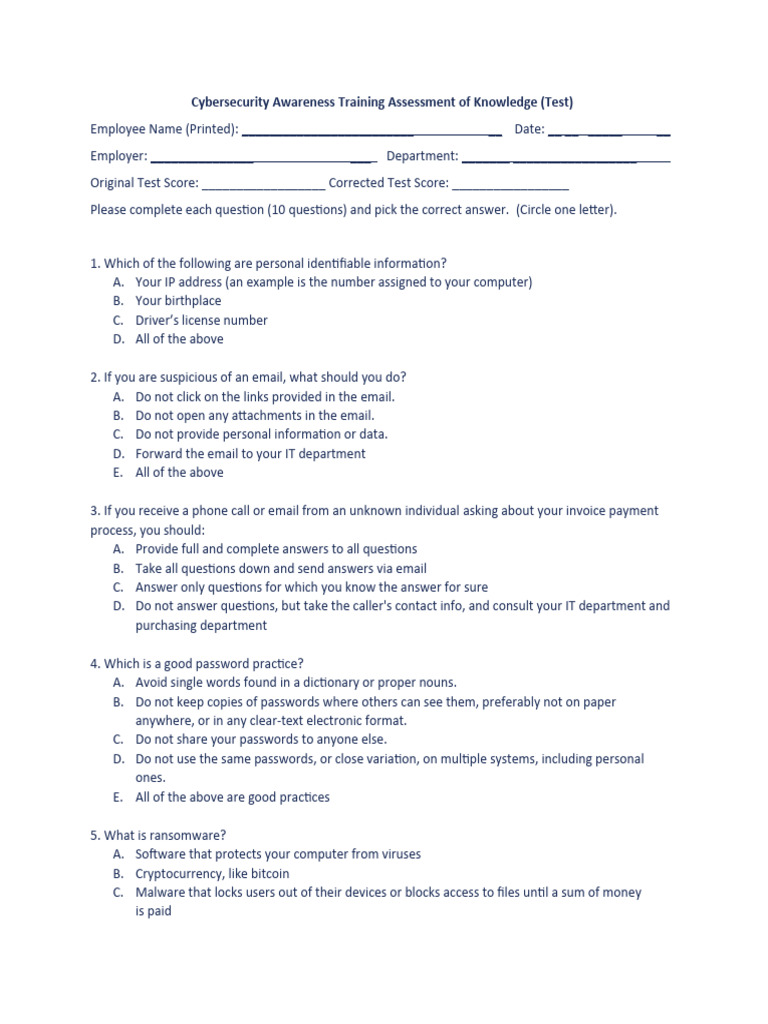 Cybersecurity Training Knowledge Test | PDF | Security | Computer Security