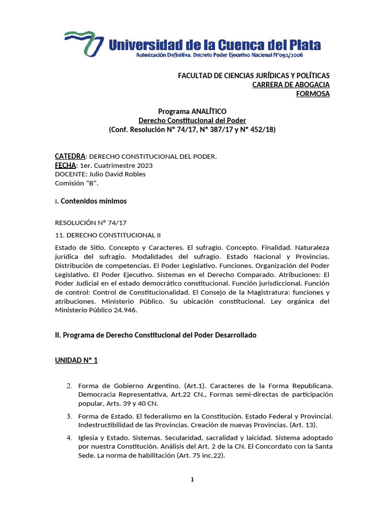 Programa de Derecho Constitucional 2023 | PDF | Judicaturas | Constitución