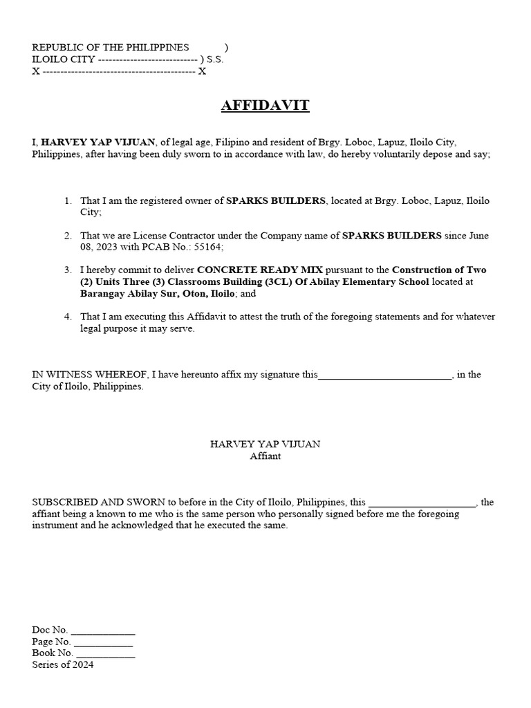 Affidavit for ready mix delivery abilay sur pdf