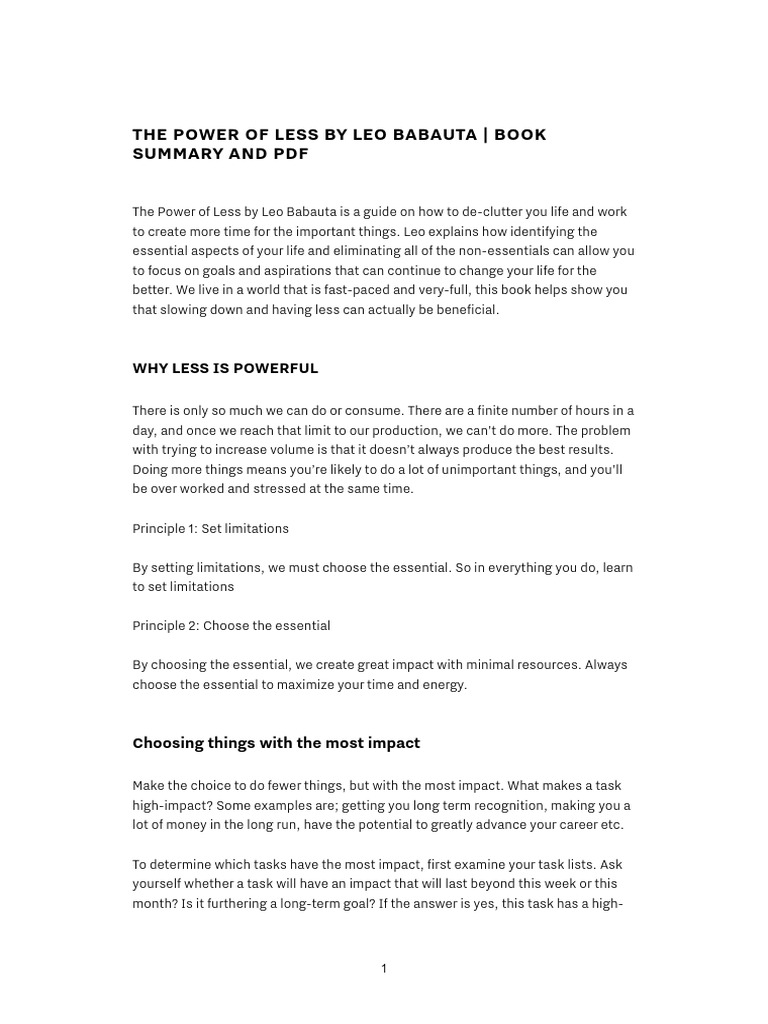 The Power of Less: Key Principles Summary | PDF | Goal | Habits