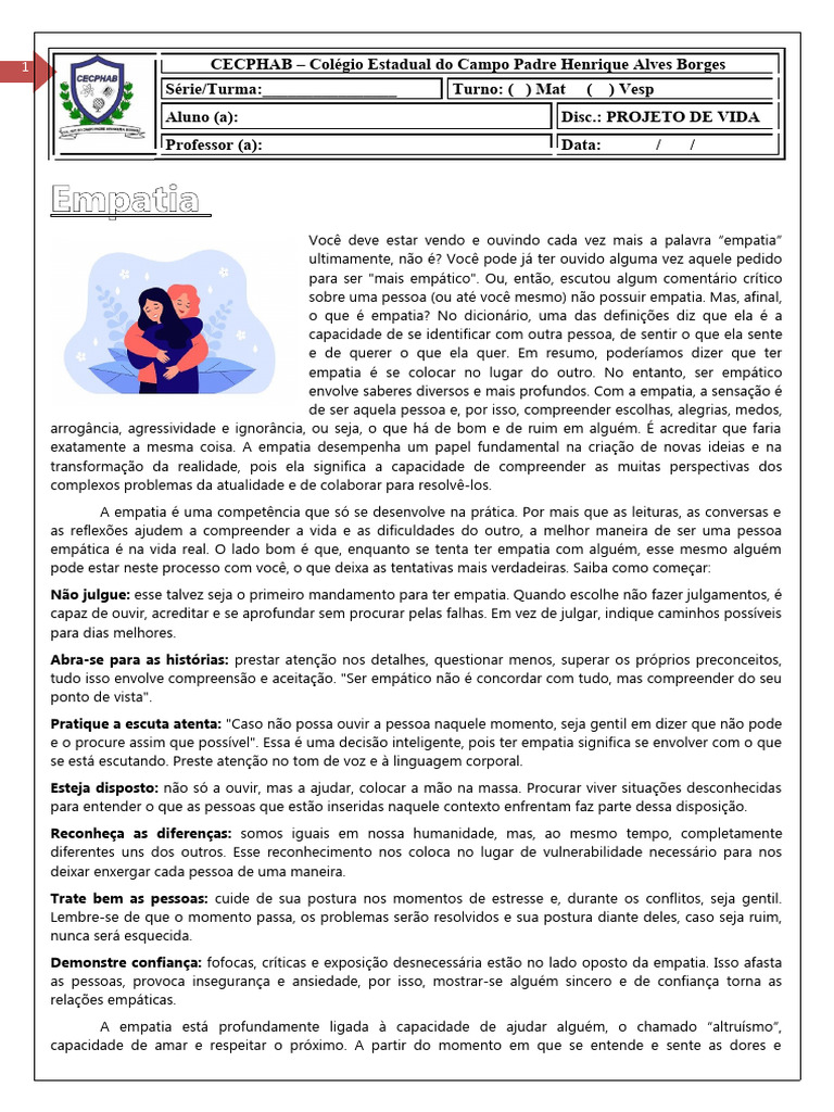 Texto Empatia Projeto de Vida 1 Ano | PDF | Empatia | Simpatia