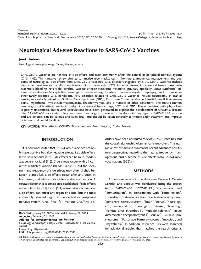 Neurological adverse reactions to sars cov 2 vaccines josef finsterer