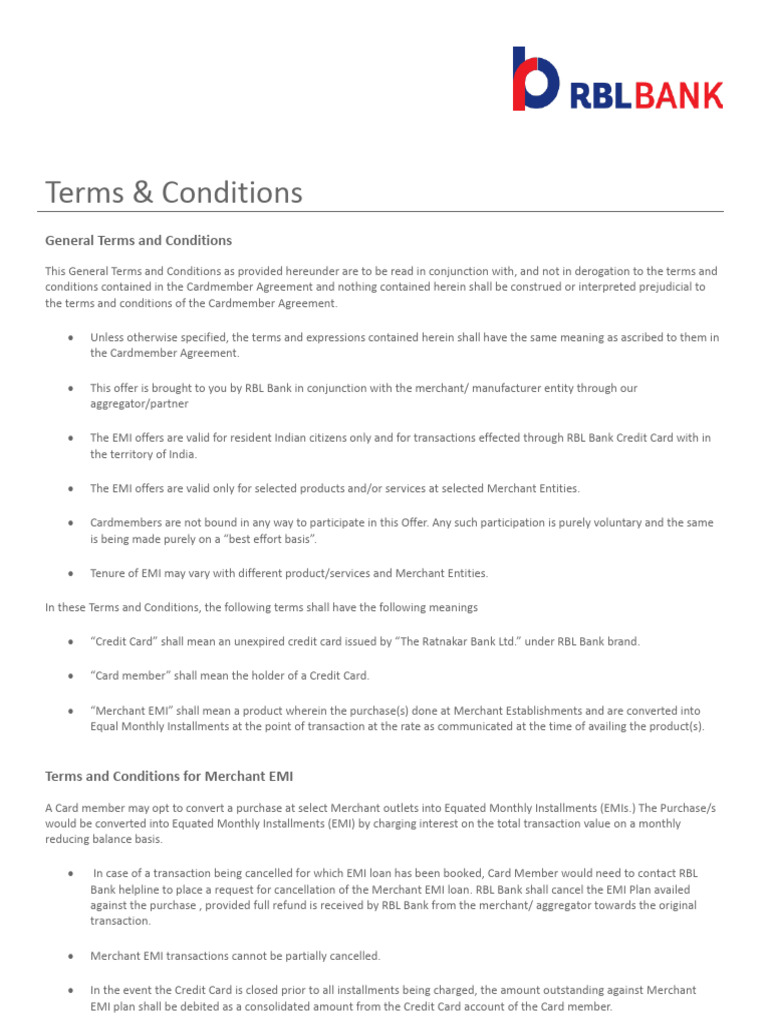 RBL Merchant EMI Terms & Conditions | PDF | Credit Card | Banks