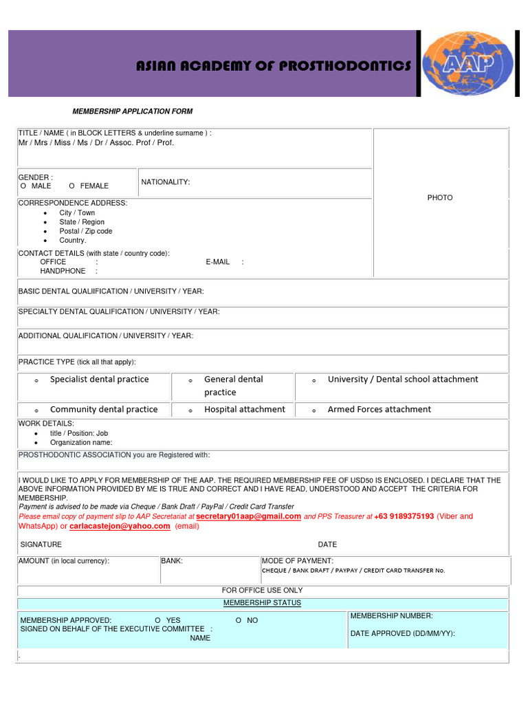 Aap Membership Form 20240124 | PDF | Prosthodontics